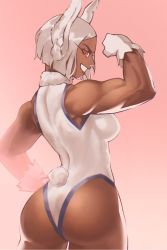 Rule 34 | 1girl, :d, animal ears, arm up, ass, back, bare shoulders, biceps, boku no hero academia, breasts, clothing cutout, dark-skinned female, dark skin, flexing, from behind, gloves, hand on own hip, highleg, highleg leotard, highres, large breasts, leotard, long eyelashes, looking at viewer, mirko, muscular, muscular female, open mouth, pink background, rabbit ears, rabbit girl, rabbit tail, red eyes, short hair, sleeveless turtleneck leotard, smile, solo, tail, tail through clothes, thighs, toned, white gloves, white hair, white leotard, zukululuu