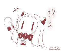 Rule 34 | 10s, 1girl, abyssal ship, arm up, artist name, blush stickers, collar, commentary request, covered mouth, dress, greyscale, horns, kantai collection, long hair, mittens, monochrome, musical note, northern ocean princess, sidelocks, simple background, solo, translation request, twitter username, white background, yamato nadeshiko, | |