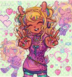 1girl alternate_costume animal_ears antlers blonde_hair bow colored_skin deer_ears deer_girl deltarune food freckles fruit gyaru horns jewelry linterteatime long_hair looking_at_viewer nail_polish noelle_holiday open_mouth ring shirt smile solo strawberry teeth