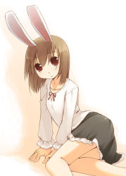 Rule 34 | 1girl, :o, animal ears, arm support, bare legs, black skirt, blush, brown hair, collarbone, frills, jirou (chekoro), looking at viewer, lying, on side, original, parted lips, rabbit ears, red eyes, shirt, simple background, skirt, solo, white background, white shirt