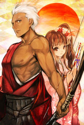 Rule 34 | 10s, 1boy, 1girl, archer (fate), arrow (projectile), bare shoulders, bow (weapon), brown eyes, brown hair, dark skin, dark-skinned male, fate/extra, fate/extra ccc, fate (series), highres, japanese clothes, kimono, kin mokusei, kishinami hakuno (female), side ponytail, weapon, white hair
