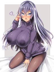 Rule 34 | 1girl, akikaze tsumuji, breasts, dark-skinned female, dark skin, glasses, huge breasts, isabelle (shadowverse), lactation, lactation through clothes, long hair, looking at viewer, multicolored hair, nail polish, pantyhose, purple eyes, purple hair, ribbed sweater, shadowverse, smile, solo, sweater, two-tone hair, white hair