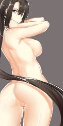 Rule 34 | 10s, 1girl, arms up, ass, back, black hair, breasts, brown eyes, closed mouth, cowboy shot, expressionless, from behind, grey background, hair between eyes, highres, kantai collection, large breasts, long hair, looking at viewer, looking back, nachi (kancolle), nude, ponytail, sidelocks, simple background, sketch, solo, takamura wamu, thighs, very long hair