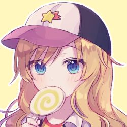Rule 34 | 1girl, bad id, bad pixiv id, baseball cap, blonde hair, blue eyes, candy, closed eyes, covered mouth, food, hair between eyes, hat, holding, holding candy, holding food, holding lollipop, idolmaster, idolmaster cinderella girls, jacket, lollipop, long hair, looking at viewer, ohtsuki yui, open clothes, open jacket, outline, portrait, poyo (shwjdddms249), solo, star (symbol), swirl lollipop, white jacket, white outline, yellow background