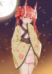 Rule 34 | 1girl, absurdres, antlers, bantian yindang, blush, commentary request, covered mouth, floral print, full moon, hair between eyes, hand up, haori, head tilt, highres, horns, japanese clothes, kimono, long hair, long sleeves, moon, night, night sky, original, outdoors, pink kimono, red eyes, red hair, short kimono, sky, sleeves past fingers, sleeves past wrists, solo, standing, twintails, very long hair