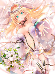 Rule 34 | 1girl, ahoge, belt, blonde hair, blush, bouquet, breasts, bridal veil, bride, buckle, center opening, chain, cleavage, commentary request, detached sleeves, fate/grand order, fate (series), female focus, flower, full-length zipper, garter straps, green eyes, hair flower, hair intakes, hair ornament, head wreath, holding, holding bouquet, jewelry, kagachi saku, large breasts, leotard, lock, long hair, looking at viewer, loose belt, navel, nero claudius (fate), nero claudius (fate) (all), outstretched hand, padlock, pink flower, reaching, reaching towards viewer, ring, smile, solo, strapless, strapless leotard, thighhighs, unzipped, veil, wedding band, white flower, white leotard, zipper