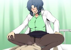 Rule 34 | 1girl, bed, black skirt, blue eyes, blue hair, blush, breasts, chara soon, clothed female nude male, clothing aside, cunnilingus, glasses, greco roman (spiral brain), gundam, gundam zz, hair up, highres, indoors, lab coat, large breasts, legs, licking, looking down, lying, makeup, nude, oral, panties, panties aside, panties under pantyhose, pantyhose, parted lips, pussy, pussy juice, sitting, sitting on face, sitting on person, skirt, smile, sweat, thighs, third-party edit, through clothes, tongue, uncensored, underwear, wet