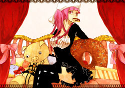 Rule 34 | 1girl, bleach, boots, breasts, couch, crandom, curtains, dokugamine riruka, doll, doughnut, food, hat, long hair, mouth hold, pig, pink eyes, pink hair, solo, stuffed animal, stuffed pig, stuffed toy, thigh boots, thighhighs, twintails