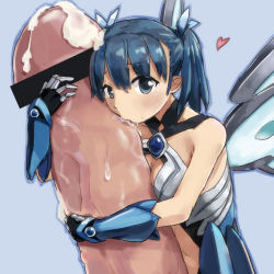 Rule 34 | 1girl, 3678177, aena (sennen sensou aigis), bar censor, bare shoulders, blue background, blue eyes, blue hair, blush, breasts, censored, cleavage, cum, cumdrip, fairy, gauntlets, gigantic penis, hair ribbon, heart, kiss, kissing penis, koonago, looking at viewer, mini person, minigirl, penis, penis hug, ribbon, sennen sensou aigis, twintails, wings