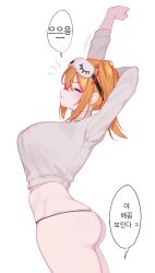 Rule 34 | 1girl, absurdres, arms up, black panties, breasts, closed eyes, closed mouth, cowboy shot, cropped sweater, eonsang, female focus, from side, girls&#039; frontline, grey sweater, highres, kalina (girls&#039; frontline), korean text, large breasts, long hair, long sleeves, orange hair, panties, profile, side ponytail, simple background, sleep mask, solo, speech bubble, standing, stretching, sweater, translation request, turtleneck, turtleneck sweater, underwear, white background