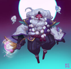 Rule 34 | 1boy, absurdres, artist name, bard (league of legends), beard, black headwear, black pants, facial hair, ghost, green background, grey hair, highres, holding, holding weapon, jacket, jewelry, league of legends, long beard, long hair, long sleeves, magic, mask, moon, necklace, pants, pink background, sandals, socks, solo, spirit blossom (league of legends), striped clothes, striped pants, timo (timotimo628), weapon, white jacket