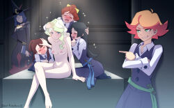 Rule 34 | 6+girls,  england, amanda o&#039;neill, arikindows10, barbara parker, barefoot, black hair, blue eyes, blue hair, blush, breasts, brown hair, completely nude, crossed legs, crying, diana cavendish, glasses, green eyes, grin, hand on another&#039;s head, hannah england, hat, kagari atsuko, little witch academia, medium breasts, multicolored hair, multiple girls, nipples, nude, open mouth, smile, sparkle, ursula callistis, witch hat, yuri