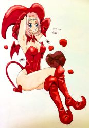 Rule 34 | 1girl, blue eyes, boots, breasts, chocolate, cleavage, demon tail, elbow gloves, gloves, hat, heart, high heels, houshin engi, leotard, long hair, medium breasts, open mouth, pink hair, playboy bunny, red footwear, red gloves, red hat, simple background, so dakki, solo, tail, valentine, white background