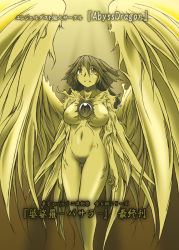 Rule 34 | 1girl, angel wings, angeldust, arms at sides, belly, between breasts, black hair, bow, breasts, circle name, cover, cover page, hair bow, large breasts, light, light rays, long hair, looking up, monochrome, nipples, no pussy, nude, reiuji utsuho, solo, text focus, thighs, third eye, title, touhou, translation request, very long hair, wings, yellow theme