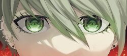 1girl amami_rantaro danganronpa_(series) danganronpa_v3:_killing_harmony ear_piercing earrings eye_focus green_eyes green_hair hair_between_eyes highres jewelry male_focus oroshi_(daicon_0rosi) piercing red_background short_hair solo