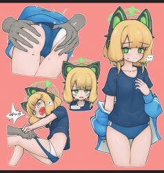 Rule 34 | 0dot001hz, 1girl, :|, alternate costume, animal ear headphones, animal ears, blonde hair, blue archive, blue buruma, blue jacket, blue shirt, buruma, buruma pull, cameltoe, cat ear headphones, closed mouth, clothes pull, commentary request, crying, fake animal ears, green eyes, groping, halo, headphones, highres, jacket, korean commentary, korean text, letterboxed, medium hair, midori (blue archive), multiple views, open mouth, panties, panties under buruma, red background, shirt, simple background, sweatdrop, tearing up, thigh gap, translation request, underwear