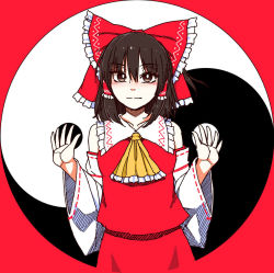 Rule 34 | 1girl, blush, bow, bright pupils, brown eyes, brown hair, closed mouth, detached sleeves, frilled bow, frills, hair bow, hair tubes, hakurei reimu, hands up, highres, long sleeves, looking at viewer, medium hair, red bow, red shirt, red skirt, shirt, skirt, sleeveless, sleeveless shirt, solo, touhou, white pupils, wide sleeves, yassy