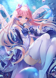 Rule 34 | 1girl, air bubble, blue bow, blue sleeves, bow, bow-shaped hair, bubble, closed mouth, colored tips, detached collar, detached sleeves, dress, fish, frilled sleeves, frills, genshin impact, gloves, hair ornament, half gloves, hand up, highres, jellyfish, long hair, looking at viewer, multicolored hair, pink hair, purple eyes, purple hair, sangonomiya kokomi, senkou noah, short shorts, shorts, smile, solo, thighhighs, underwater, vision (genshin impact), white dress, white gloves, white shorts, white thighhighs
