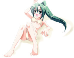 00s 1girl barefoot bikini celi feet female_focus green_eyes green_hair highres higurashi_no_naku_koro_ni long_hair lying matching_hair/eyes open_mouth ponytail solo sonozaki_mion swimsuit