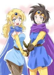 Rule 34 | 2girls, black hair, blonde hair, cape, dragon quest, dragon quest iii, earrings, elbow gloves, gloves, grin, holding hands, jester (dq3), jewelry, looking at viewer, multiple girls, roto (dq3), sage (dq3), smile, tiara, unya
