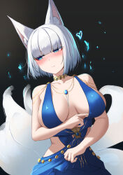Rule 34 | 1girl, absurdres, akaoni (zumt3548), animal ears, armpit crease, azur lane, bare arms, bare shoulders, black background, blue dress, blue eyes, blush, breasts, breasts apart, brooch, commentary request, dress, evening gown, fox ears, fox girl, fox tail, heart, highres, jewelry, kaga (azur lane), kaga (exalted white wings) (azur lane), kitsune, kyuubi, large breasts, multiple tails, narrowed eyes, necklace, official alternate costume, simple background, sleeveless, sleeveless dress, slit pupils, solo, tail, upper body, white hair