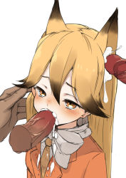 Rule 34 | 10s, 1girl, animal ears, black hair, blazer, blonde hair, blush, brown eyes, cum, cum in ear, cum in mouth, disembodied hand, disembodied penis, ear insertion, earjob, erection, ezo red fox (kemono friends), fellatio, fox ears, gradient hair, hair between eyes, hair flaps, half-closed eyes, hetero, highres, jacket, kemono friends, long hair, multicolored hair, muranisaki, necktie, oral, out of frame, penis, simple background, solo, solo focus, two-tone hair, uncensored, upper body, white background, yellow necktie