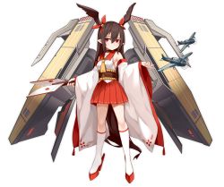 Rule 34 | 1girl, absurdres, aircraft, aircraft carrier, airplane, bad id, bad pixiv id, bare shoulders, bell, breasts, brown choker, brown hair, choker, commentary request, hair bell, hair between eyes, hair ornament, hair ribbon, head wings, highres, holding, kneehighs, long hair, long sleeves, looking at viewer, military, military vehicle, multicolored sleeves, original, pleated skirt, pointy ears, red eyes, red footwear, red skirt, red sleeves, ribbon, rocket, sailor collar, ship, shirt, simple background, skirt, sleeveless, sleeveless shirt, small breasts, socks, solo, warship, watercraft, white background, white shirt, white sleeves, white socks, wide sleeves, wings, zen33n
