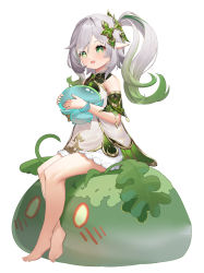 Rule 34 | 1girl, :d, absurdres, barefoot, bloomers, commentary request, detached sleeves, dress, full body, fungi (genshin impact), genshin impact, gradient hair, green eyes, grey hair, hair between eyes, hair ornament, highres, long hair, multicolored hair, nahida (genshin impact), open mouth, pointy ears, qiuyueruona, short sleeves, side ponytail, sidelocks, simple background, sitting, slime (genshin impact), smile, symbol-shaped pupils, underwear, white background, white dress