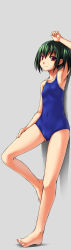 Rule 34 | 1girl, armpits, barefoot, blue one-piece swimsuit, bosshi, cameltoe, competition school swimsuit, feet, flat chest, grey background, hand on own thigh, highres, long image, nipples, one-piece swimsuit, original, school swimsuit, solo, swimsuit, tall image, toes, yu (bosshi)