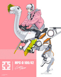 Rule 34 | 1girl, absurdres, artist name, black gloves, commentary request, dinosaur, dolphin shorts, fingerless gloves, full body, glasses, gloves, grey eyes, grey hair, grey shorts, headset, high collar, highres, hood, hooded jacket, jacket, knee pads, long sleeves, looking to the side, non-humanoid robot, ogyhara, open clothes, open jacket, open mouth, original, oviraptor, pink background, pink jacket, riding, robot, robot animal, round eyewear, short hair, shorts, signature, solo, white footwear