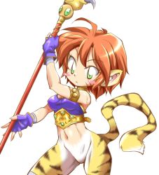 Rule 34 | 1girl, animal ears, breasts, breath of fire, breath of fire ii, bustier, cat ears, cat tail, facial mark, furry, furry female, gloves, green eyes, kingetsu mikoto, no panties, no pants, orange hair, pointy ears, red hair, rinpoo chuan, short hair, solo, staff, tail