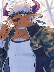 Rule 34 | 1boy, animal ears, bara, blush, camouflage, camouflage headwear, cherry blossoms, cow ears, cow horns, facial hair, furry, furry male, goatee, gym uniform, hamunosuke (buta5kawa), highres, horns, jacket, large pectorals, looking at viewer, male focus, minotaur, muscular, muscular male, pectoral cleavage, pectorals, shennong (housamo), short hair, smile, solo, tokyo houkago summoners, track jacket, upper body