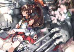 Rule 34 | 10s, 1girl, blurry, brown eyes, brown hair, cherry blossoms, depth of field, detached sleeves, holding, kantai collection, long hair, machinery, md5 mismatch, oil-paper umbrella, petals, pleated skirt, ponytail, revision, sitting, skirt, smile, solo, tree shade, tsuuhan, turret, umbrella, very long hair, yamato (kancolle)
