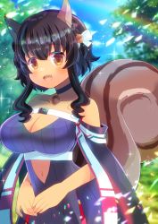 Rule 34 | 1girl, :d, animal ear fluff, animal ears, bare shoulders, black hair, blue choker, blurry, blurry background, blush, breasts, brown eyes, choker, cleavage, clothing cutout, collarbone, commission, copyright request, day, depth of field, dress, fangs, hair between eyes, kou hiyoyo, large breasts, lens flare, long hair, mole, mole under eye, navel, navel cutout, open mouth, outdoors, purple dress, purple sweater, ribbed dress, ribbed sweater, skeb commission, smile, solo, squirrel ears, squirrel girl, squirrel tail, sweater, sweater dress, tail