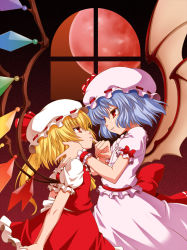 Rule 34 | 2girls, akou roushi, bat wings, blonde hair, blue hair, female focus, finger to another&#039;s mouth, flandre scarlet, full moon, hat, incest, mob cap, moon, multiple girls, ponytail, red eyes, red moon, remilia scarlet, short hair, siblings, side ponytail, sisters, touhou, wings, yuri