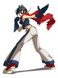 Rule 34 | 1girl, bell-bottoms, blue eyes, blue hair, cape, falcoon, gloves, goggles, goggles on head, matching hair/eyes, may lee, midriff, pants, short hair, snk, solo, the king of fighters