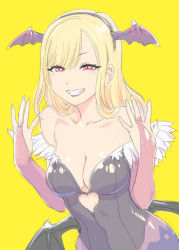 Rule 34 | 1girl, animal print, barbell piercing, bat print, bat wings, black leotard, blonde hair, breasts, bridal gauntlets, clothing cutout, commentary request, contrapposto, cosplay, crossover, demon girl, ear piercing, earrings, fingernails, head wings, heart cutout, highres, industrial piercing, jewelry, kitagawa marin, large breasts, leotard, long fingernails, long hair, looking at viewer, morrigan aensland, morrigan aensland (cosplay), multicolored hair, pantyhose, piercing, print pantyhose, purple pantyhose, red eyes, red hair, ring, simple background, solo, sono bisque doll wa koi wo suru, ueyama michirou, upper body, vampire (game), wings, yellow background