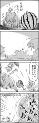 Rule 34 | 4koma, :x, arms up, bikini, bikini top only, bow, cirno, comic, commentary request, drill hair, emphasis lines, food, fruit, greyscale, hair bow, highres, holding, holding stick, ice, ice wings, japanese clothes, kimono, letty whiterock, long sleeves, mermaid, mini person, minigirl, monochrome, monster girl, on person, outstretched arm, pointing, sarong, scarf, short hair, sliced, sports bikini, stick, swimsuit, tani takeshi, touhou, translation request, twin drills, wakasagihime, watermelon, wide sleeves, wings, yukkuri shiteitte ne