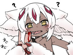 Rule 34 | 1girl, 1other, ?, black skin, blood, blush, claws, colored skin, confused, dark skin, extra arms, faputa, finger in another&#039;s mouth, injury, looking at viewer, made in abyss, miyao ryuu, monster girl, mouth pull, open mouth, sharp teeth, simple background, solo focus, teeth, very dark skin, white background, white hair