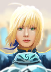 Rule 34 | 1girl, ahoge, armor, armored dress, artoria pendragon (all), artoria pendragon (fate), bad id, bad pixiv id, blonde hair, blurry, close-up, depth of field, eyelashes, fate/stay night, fate (series), fateline alpha, green eyes, hair ribbon, lips, nose, realistic, ribbon, saber (fate), short hair, solo