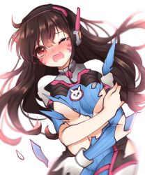 Rule 34 | 1girl, ahoge, animal print, blue bodysuit, blush, bodysuit, breasts, brown eyes, brown hair, covering privates, cowboy shot, crying, crying with eyes open, d.va (overwatch), facepaint, facial mark, gloves, headphones, high collar, highres, kaoruru (sakuno2911), long hair, looking at viewer, medium breasts, messy hair, one eye closed, open mouth, overwatch, overwatch 1, pilot suit, rabbit print, ribbed bodysuit, shoulder pads, simple background, single glove, skin tight, solo, swept bangs, tears, torn bodysuit, torn clothes, twitter username, whisker markings, white background, white gloves