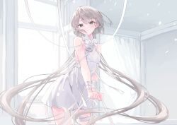 Rule 34 | 1girl, absurdres, bare shoulders, bound, bound wrists, bow, breasts, closed mouth, curtains, dress, grey eyes, grey hair, highres, indoors, inubouzaki (i nu1515), long hair, looking at viewer, low twintails, original, restrained, ribbon, sleeveless, sleeveless dress, small breasts, solo, standing, twintails, very long hair, white dress, white ribbon, window