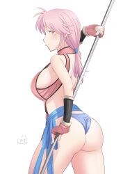 Rule 34 | 1girl, ass, blush, breasts, brown eyes, closed mouth, dragon quest, dragon quest dai no daibouken, fingerless gloves, gloves, highres, large breasts, long hair, looking at viewer, maam, nori (norimakigumo), pink hair, sideboob, simple background, solo, standing, white background