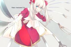 Rule 34 | 1girl, aged down, blue eyes, blush, breasts, character name, dress, echo (circa), fate/grand order, fate (series), fork, gold trim, knife, licking lips, long hair, long sleeves, looking at viewer, marie antoinette (fate), oversized object, red dress, sidelocks, small breasts, tongue, tongue out, twintails, very long hair, white hair