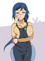 Rule 34 | 10s, 1girl, apron, ass, blue eyes, blue hair, blush, breast hold, breast press, breasts, cowboy shot, curvy, denim, gundam, gundam build fighters, highres, huge breasts, iori rinko, jeans, large breasts, lips, long hair, mature female, pants, pixiv sample, ponytail, resized, ribbed sweater, smile, standing, star-jam, sweater, turtleneck, wide hips
