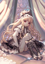 Rule 34 | absurdres, ass, black gloves, blonde hair, boots, bow, bowtie, destiny child, ennn, flower, gloves, gothic lolita, hair bow, highres, knee boots, knees up, legs together, lolita fashion, metis (destiny child), red eyes, sitting, tagme, thighhighs, white flower