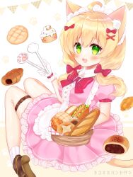 Rule 34 | 1girl, :d, ahoge, animal ear fluff, animal ears, apron, baguette, basket, blonde hair, blush, bow, bread, breasts, brown footwear, cat ears, cat girl, cat tail, chocolate cornet, collared dress, commentary request, dress, food, frilled apron, frilled dress, frills, hair bow, hair ornament, hair over shoulder, hairclip, highres, holding, holding basket, long hair, looking at viewer, looking to the side, low twintails, maid headdress, medium breasts, open mouth, original, pennant, pink dress, pleated dress, red bow, shikito (yawa0w0), shoe soles, shoes, smile, socks, solo, string of flags, striped clothes, striped socks, tail, tongs, twintails, vertical-striped clothes, vertical-striped socks, white apron, x hair ornament
