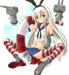 Rule 34 | &gt; &lt;, 10s, 1girl, :3, bad id, bad pixiv id, black eyes, blonde hair, boots, closed eyes, elbow gloves, gloves, grey footwear, hairband, innertube, kantai collection, long hair, navel, panties, rensouhou-chan, shimakaze (kancolle), shuuji (shumi), skirt, solo, spread legs, striped clothes, striped thighhighs, swim ring, thighhighs, triangle mouth, underwear, | |
