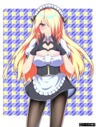 Rule 34 | 1girl, alternate costume, apron, bad id, bad pixiv id, black gloves, black pantyhose, blonde hair, blue ribbon, blush, breasts, checkered background, choker, cleavage, closed mouth, cowboy shot, creatures (company), cynthia (pokemon), dress, enmaided, frilled apron, frills, game freak, gloves, glowing, glowing eyes, green eyes, hair ornament, hair over one eye, heart, heart hands, highres, large breasts, lips, long hair, looking at viewer, madoka (user zrnk8278), maid, maid apron, maid headdress, neck ribbon, nintendo, pantyhose, pokemon, pokemon dppt, ribbon, short dress, short sleeves, simple background, smile, solo