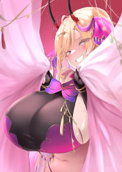 Rule 34 | 1girl, absurdres, arabian clothes, azur lane, black gloves, blonde hair, breasts, chain, commission, curtain grab, curtains, eyes visible through hair, gloves, gold chain, gold trim, harem outfit, highres, horns, huge breasts, kumano (azur lane), kumano (one thousand and one nights&#039; wishes) (azur lane), looking away, looking to the side, majinno, official alternate costume, oni horns, see-through, skeb commission, smile, solo, upper body